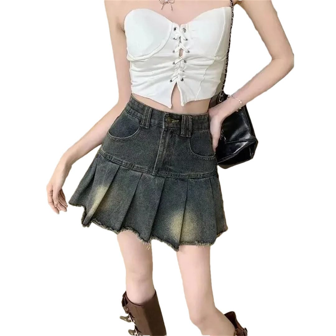 Gonna da donna vintage a vita alta, in denim, linea A, mini gonna aderente con frange