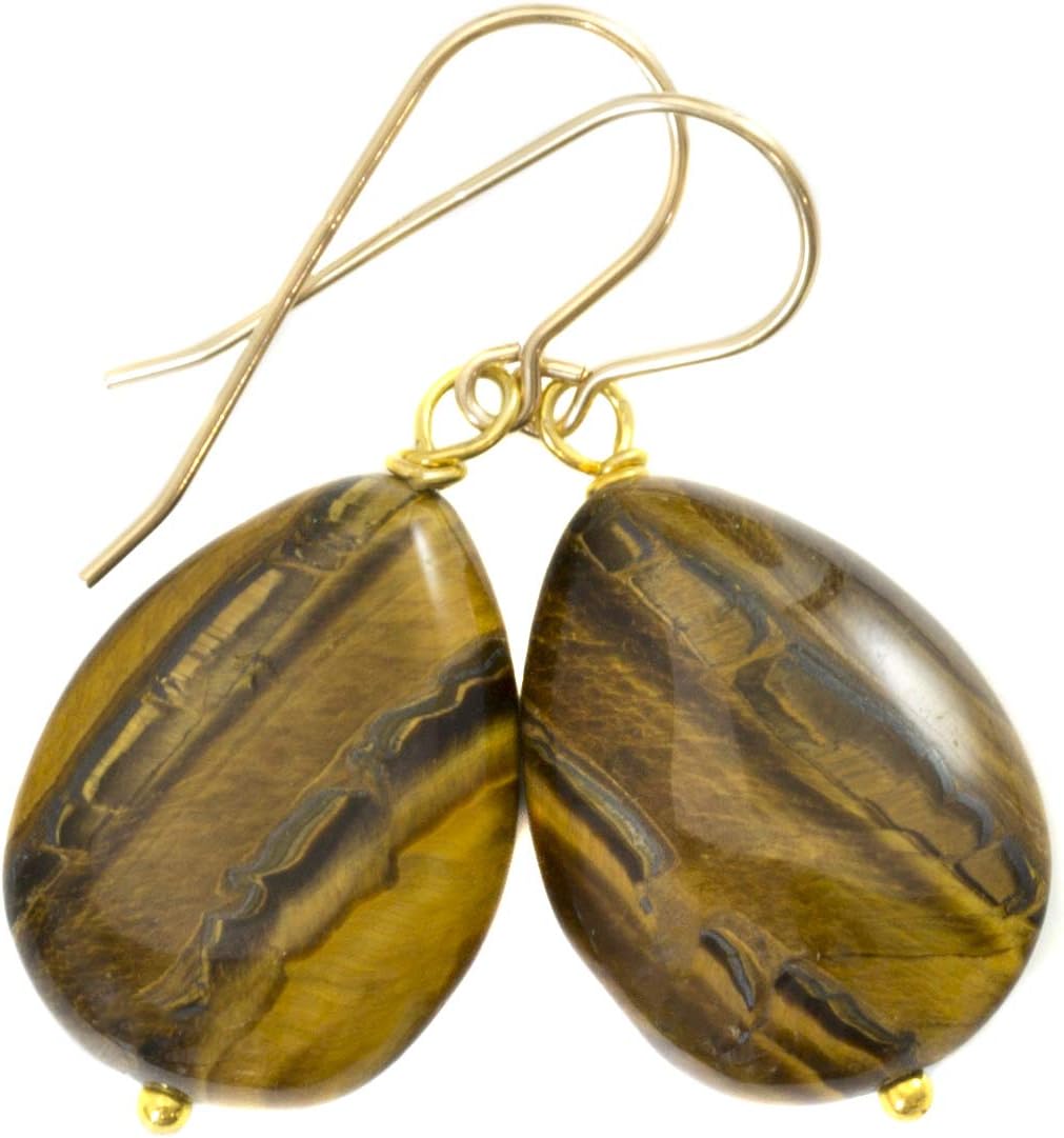 Tiger's Eye Earrings Large Golden Striped Smooth Shimmery Teardrops Simple Dangles