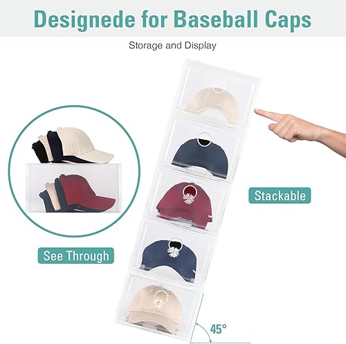 Miniatura 4 de Paquete de 8 cajas organizadoras de sombreros para béisbol, almacenamiento de sombreros de plástico transparente de tamaño XL, organizador de