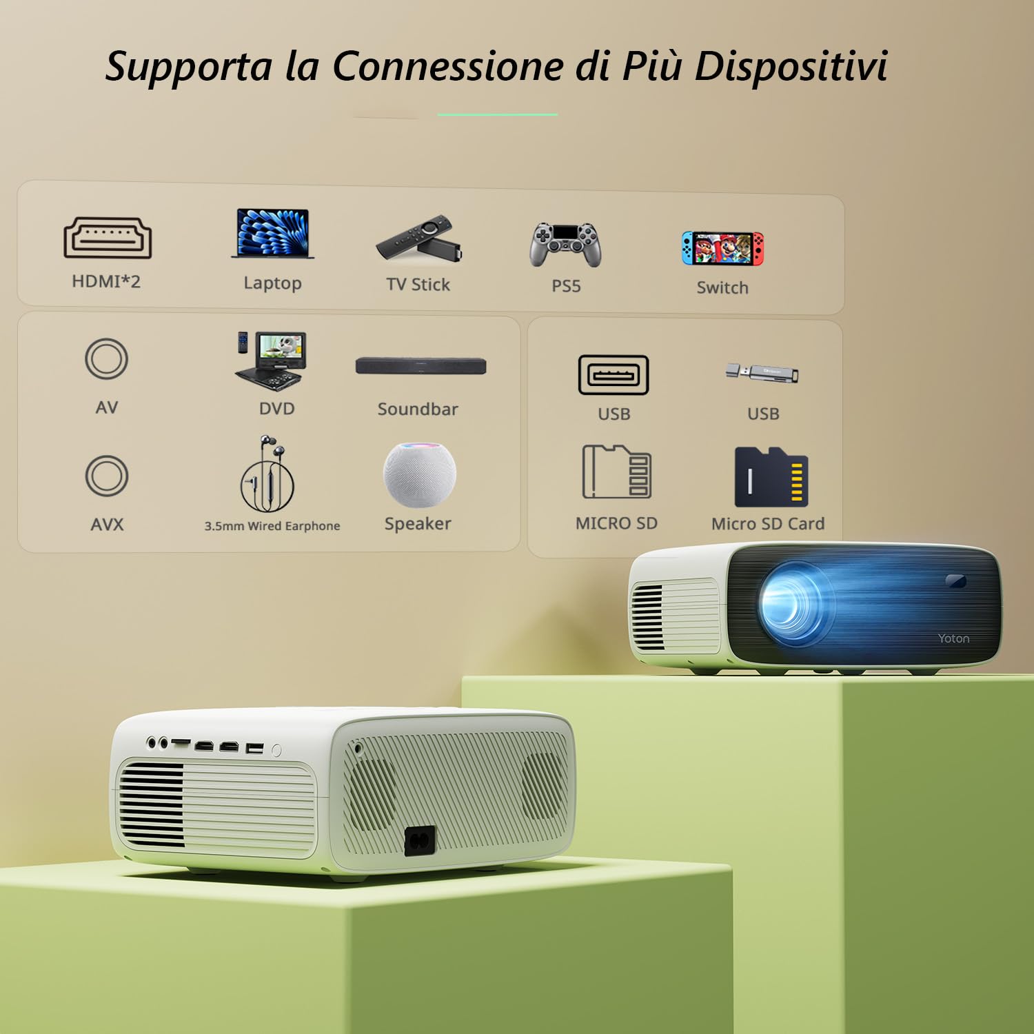 Videoproiettore, YOTON Y6 Proiettore 4K con 18000 Lumens Bluetooth 5.2, Altoparlanti Stereo, 1080P Nativo, Supporta la Riproduzione di Video 4K, Compatibile con Smartphone, PC, USB e Fire Stick