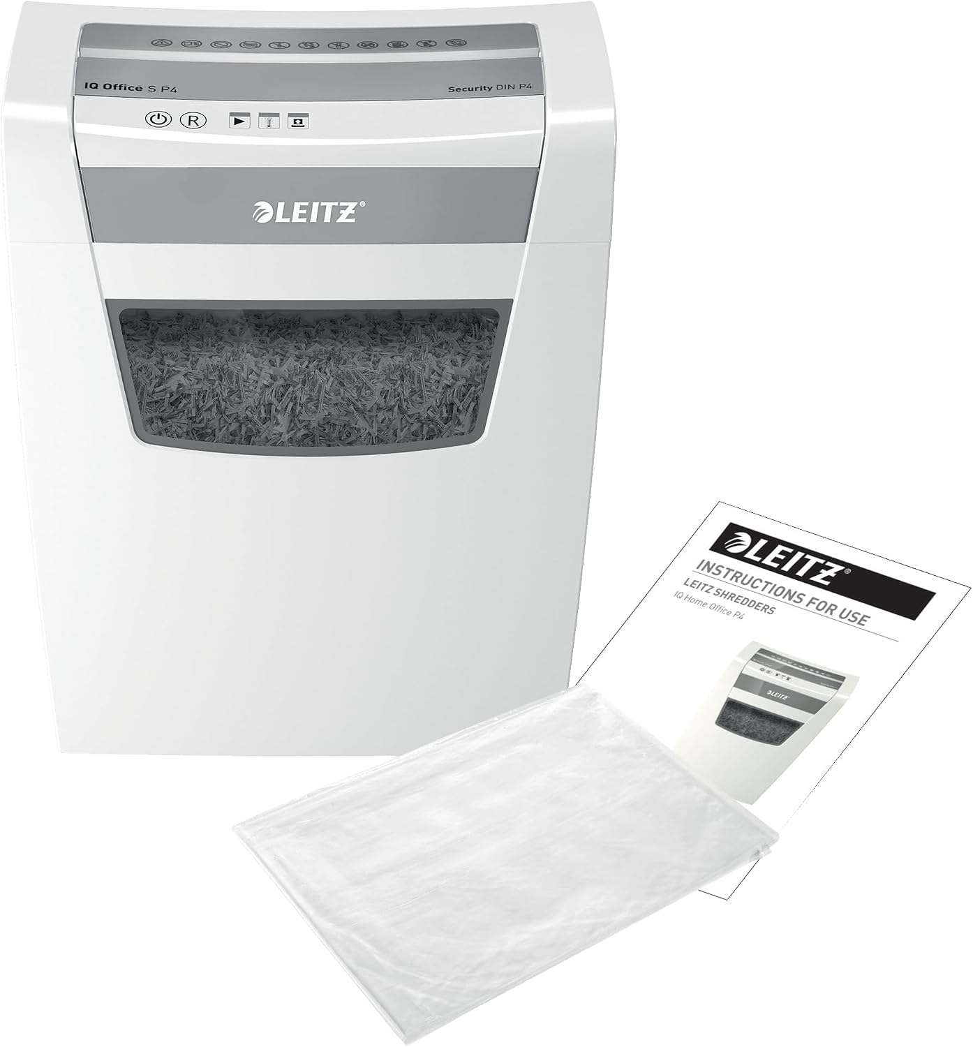 Leitz IQ Office S Paper Shredder, 14-12 Sheets Capacity (70-80 g/m²), Particle Cutting, Safety Level P4, 23 L Waste Container, Paper Shredder with DC Motor, White, 8099000