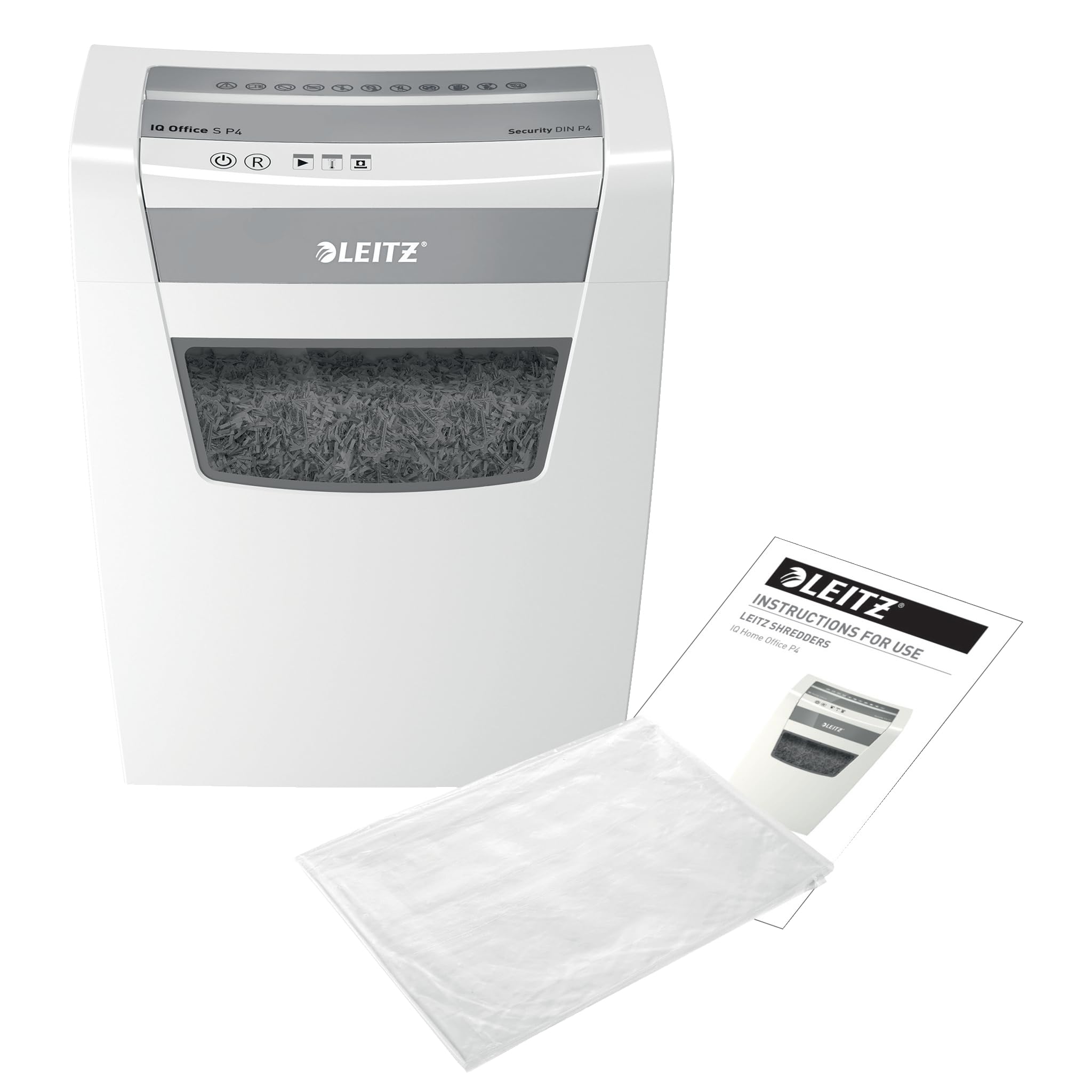 Leitz IQ Aktenvernichter Office S, 14-12 Blatt Kapazität (70-80 g/m²), TÜV+GS zertifiziert, Partikelschnitt, Sicherheitsstufe P4, Besonders leise, 23L Behälter, Schredder für Büro, Weiß, 80990000