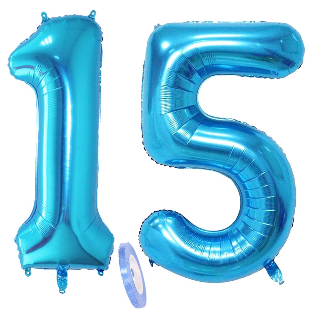 2 Luftballons Zahl 15, Nummer Luftballon Blau Mädchen Junge Jungs,40" Riesen Aufblasbar Helium Folienballon Blue Ballons Figuren für Geburtstag 15.Jahre Kinder Jungen Party Dekoration (xxxl 100cm)
