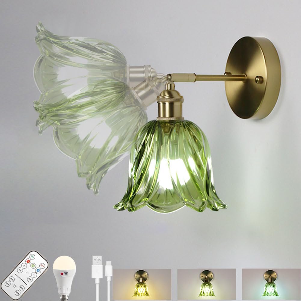 LOGT Vintage Battery Operated Wireless Wall Sconces Rechargeable Gold Wall Lamp With Remote Dimmable Indoor Wall Light Green Flower Lampshade Wall Lighting Glass Crystal for Bedroom Living Room,1pcs