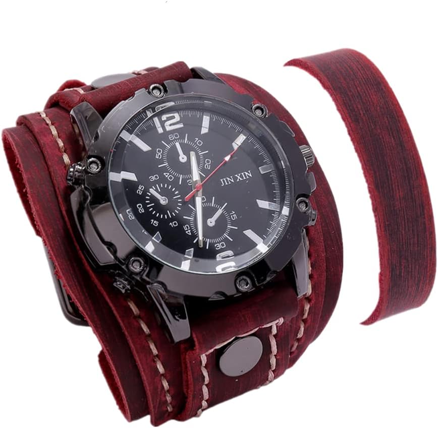 Watch for Men Luxury Wristwatch Quartz Retro Leather Watch Heavy Wide Pure Cow Leather Strap Watch Fashion Brown Cool Punk Style Mens Watches Bracelet (A red Set)
