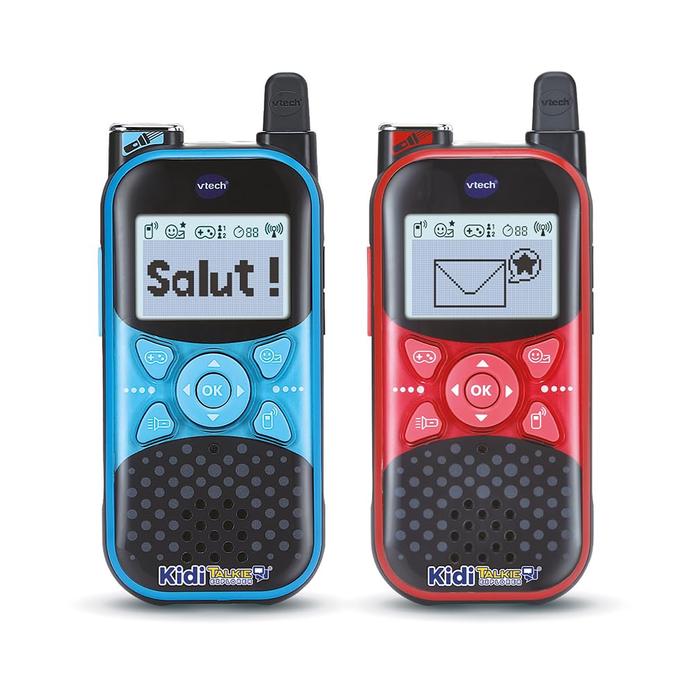 VTech - Kidi Talkie Explorer Bleu et Rouge, Talkies-Walkies Enfants avec Lampe Torche, Communication Cryptée Sécurisée, Portée de 200 Mètres, Cadeau Enfant Dès 4 Ans - Contenu en Français