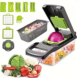 Cortador de Legumes Multifuncional, 8 Lâminas Intercambiáveis, Fatiador e Ralador com Recipiente, Cinza e Verde