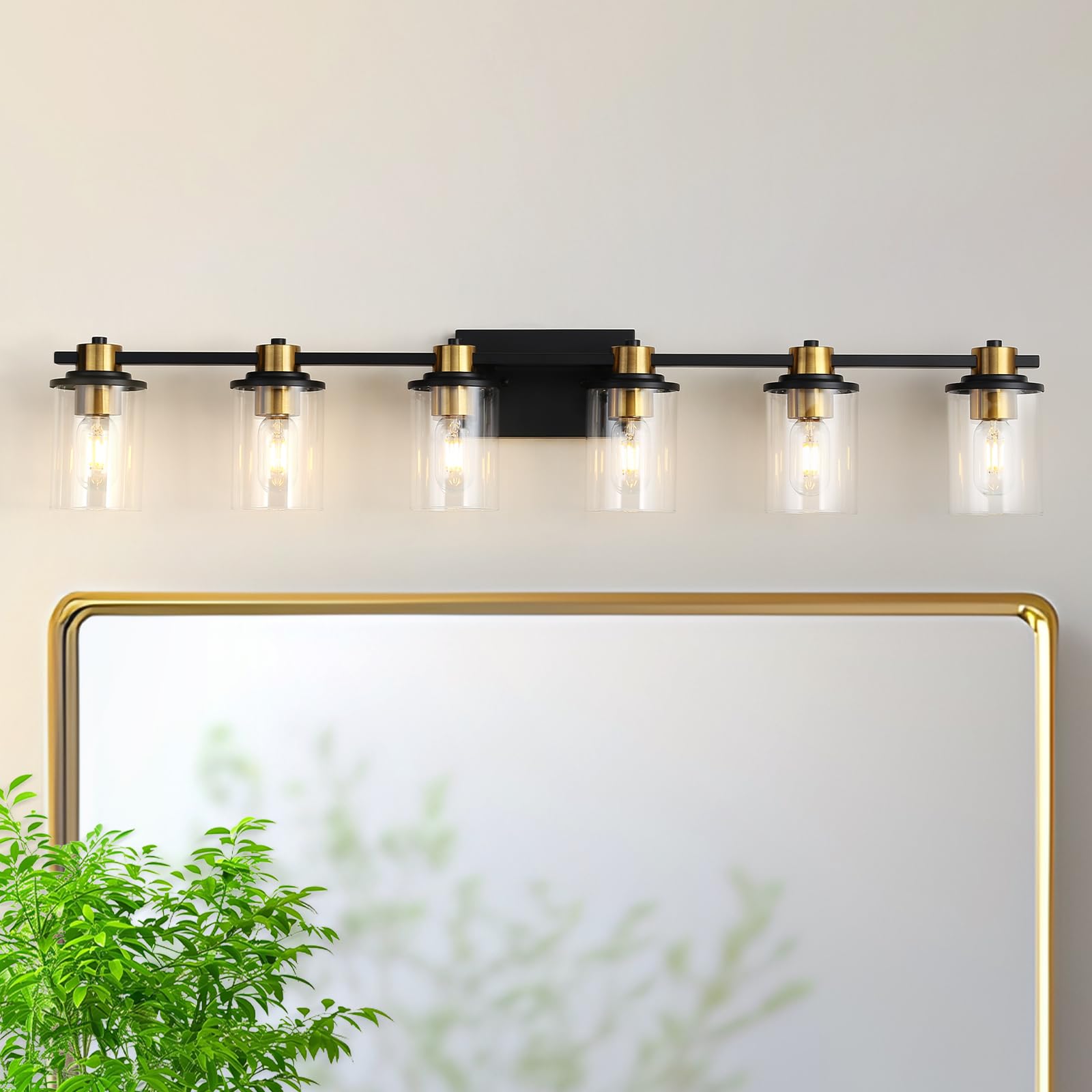 LOUSACE Bathroom Lighting Fixtures Black and Gold 6 Light Bathroom Vanity Light Over Mirror with Clear Glass Shades, Brushed Gold Socket Wall Vanity Lighting Fixtures for Bedroom Living Room