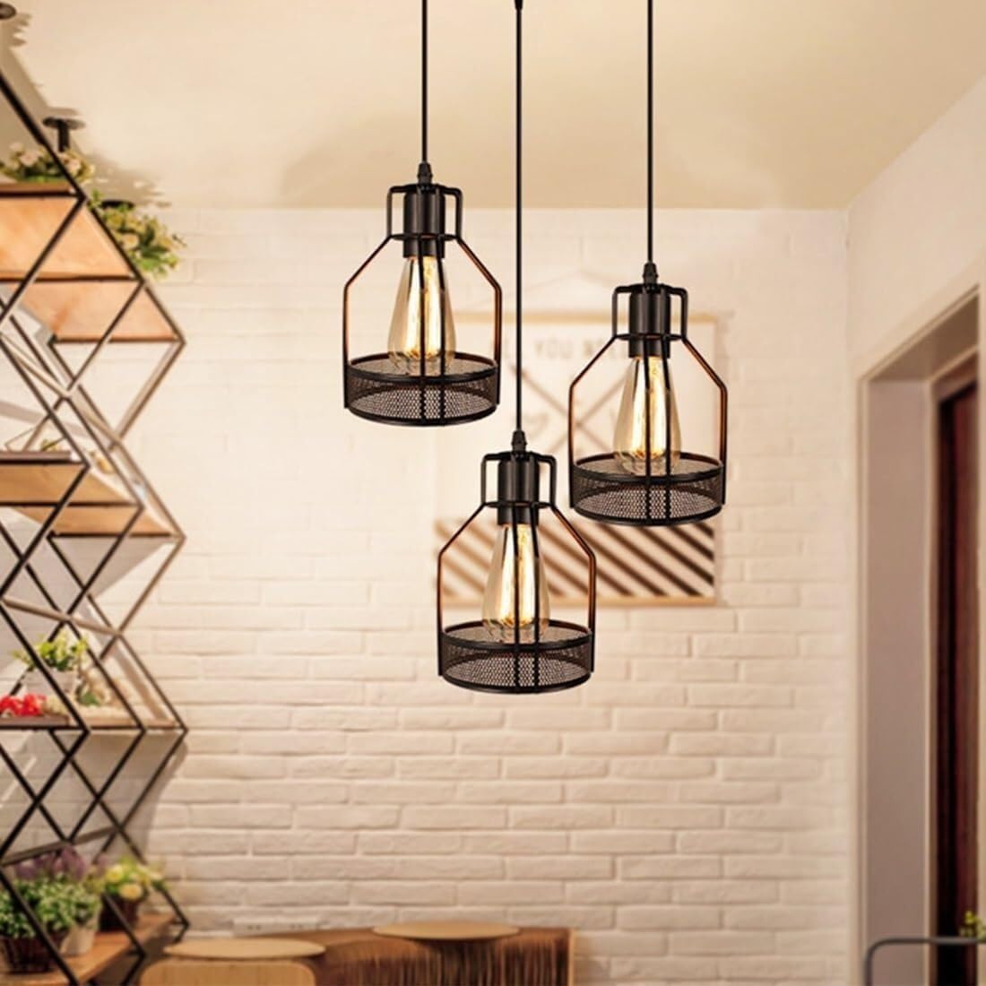 Retro Hanging Lamp 3-Light Dining Room Pendant Light Industrial Black Metal Iron Cage Chandelier Compatible with Bedroom Bar Cafe
