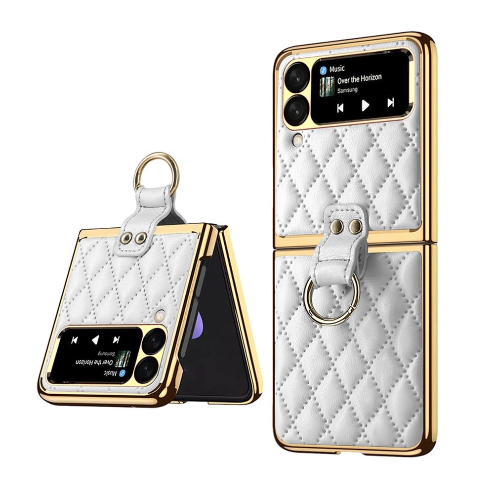 Funda para Samsung Galaxy Z Flip5 Flip4 Z Flip3 Funda de Cuero Simple Plegable con Soporte de aro Funda Protectora con Todo Incluido, Color Blanco, para Samsung Z Flip5
