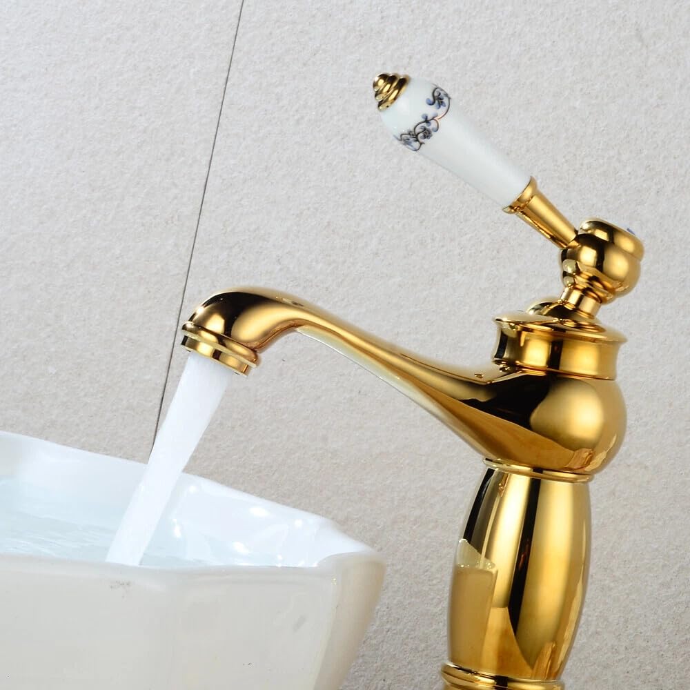 Grifo de latón dorado retro con patrón giratorio, cartucho de cerámica de alta calidad, giratorio, grifo para lavabo con panal, flujo de agua silencioso para baño, hotel, inodoro, hogar (dorado)