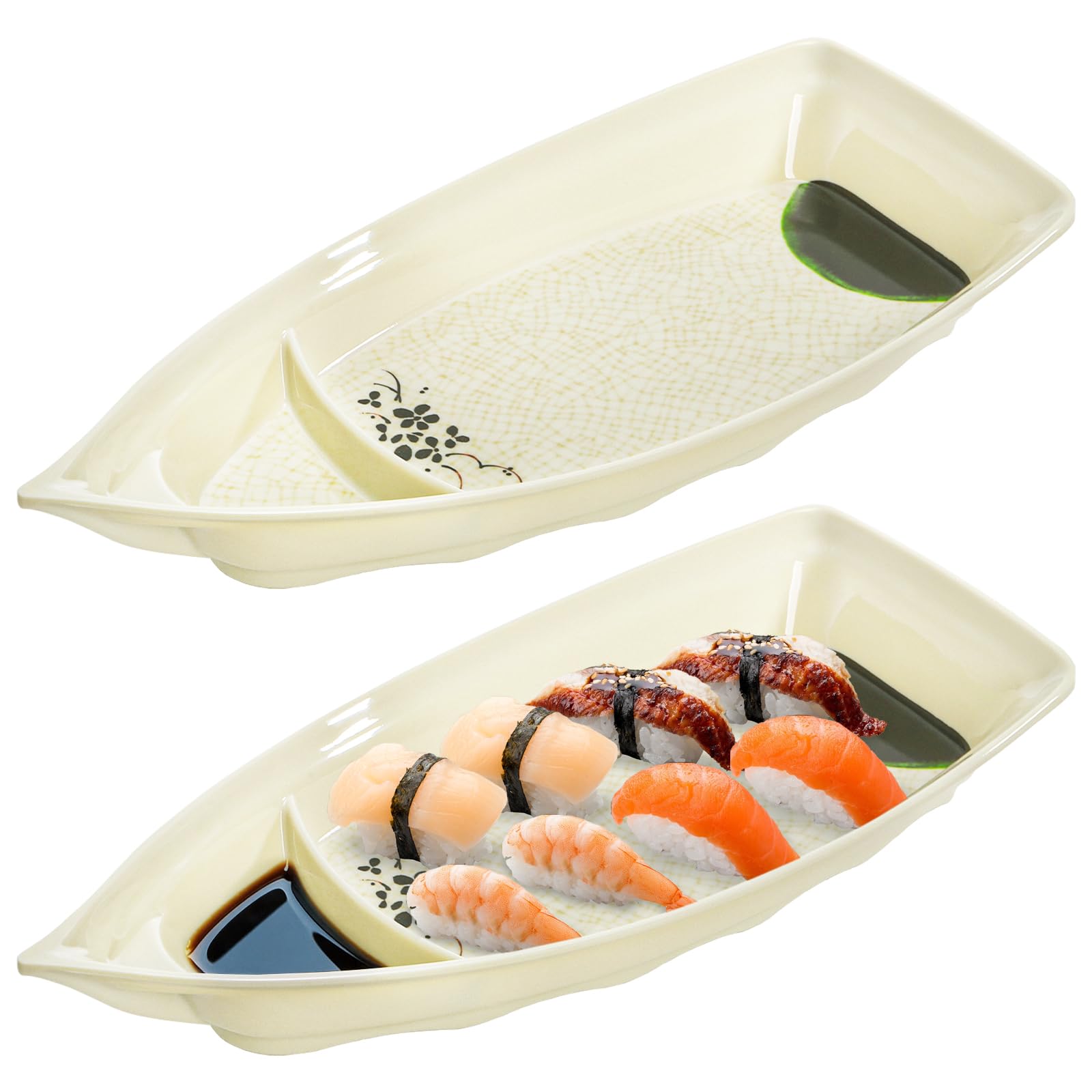 Paquete de 2 platos en forma de barco de sushi, bandeja para servir sushi sashimi, plato de plástico de melamina casi irrompible, apto para lavavajillas, 12.9 x 5.7 pulgadas