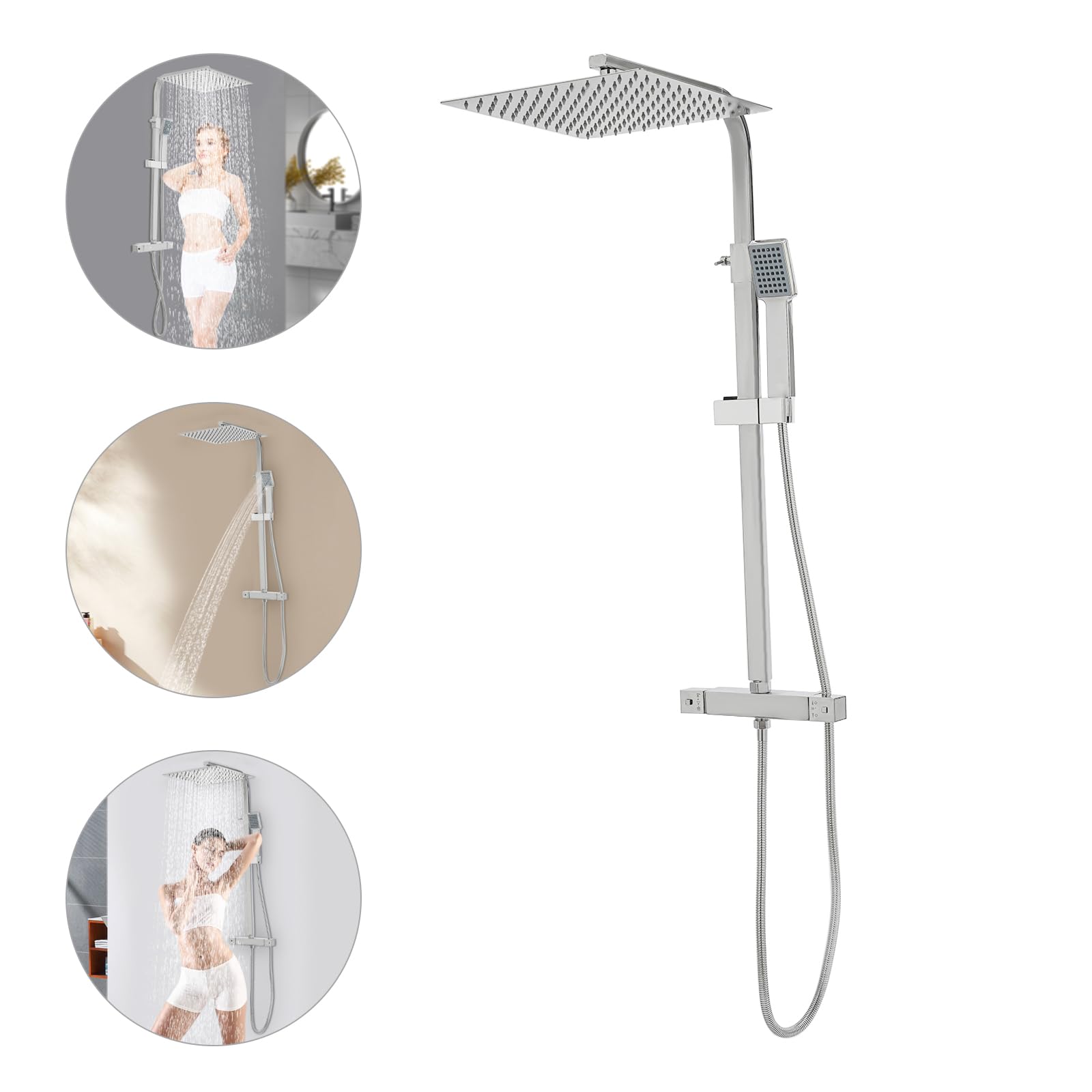 Sistema de ducha termostático con ducha de lluvia de 30 cm, juego de cabezal de ducha con alcachofa de mano, ducha con manguera, altura regulable, cabezal de ducha de acero inoxidable con soporte