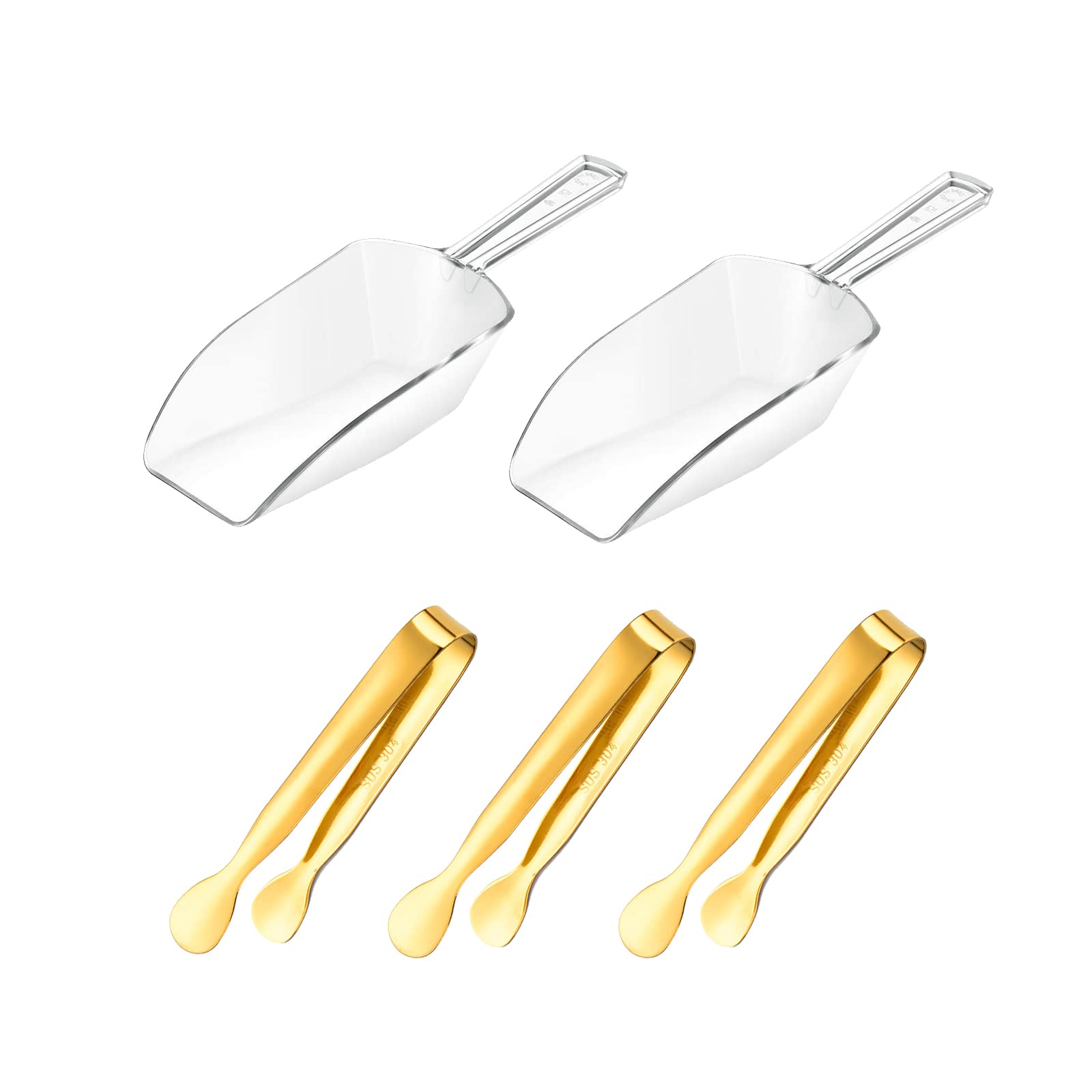 Lot de 3 pinces à glace dorées et cuillères à mesurer en plastique, 3 pinces de service et 2 cuillères à nourriture pour café glacé, bar, mariage, fête d'anniversaire