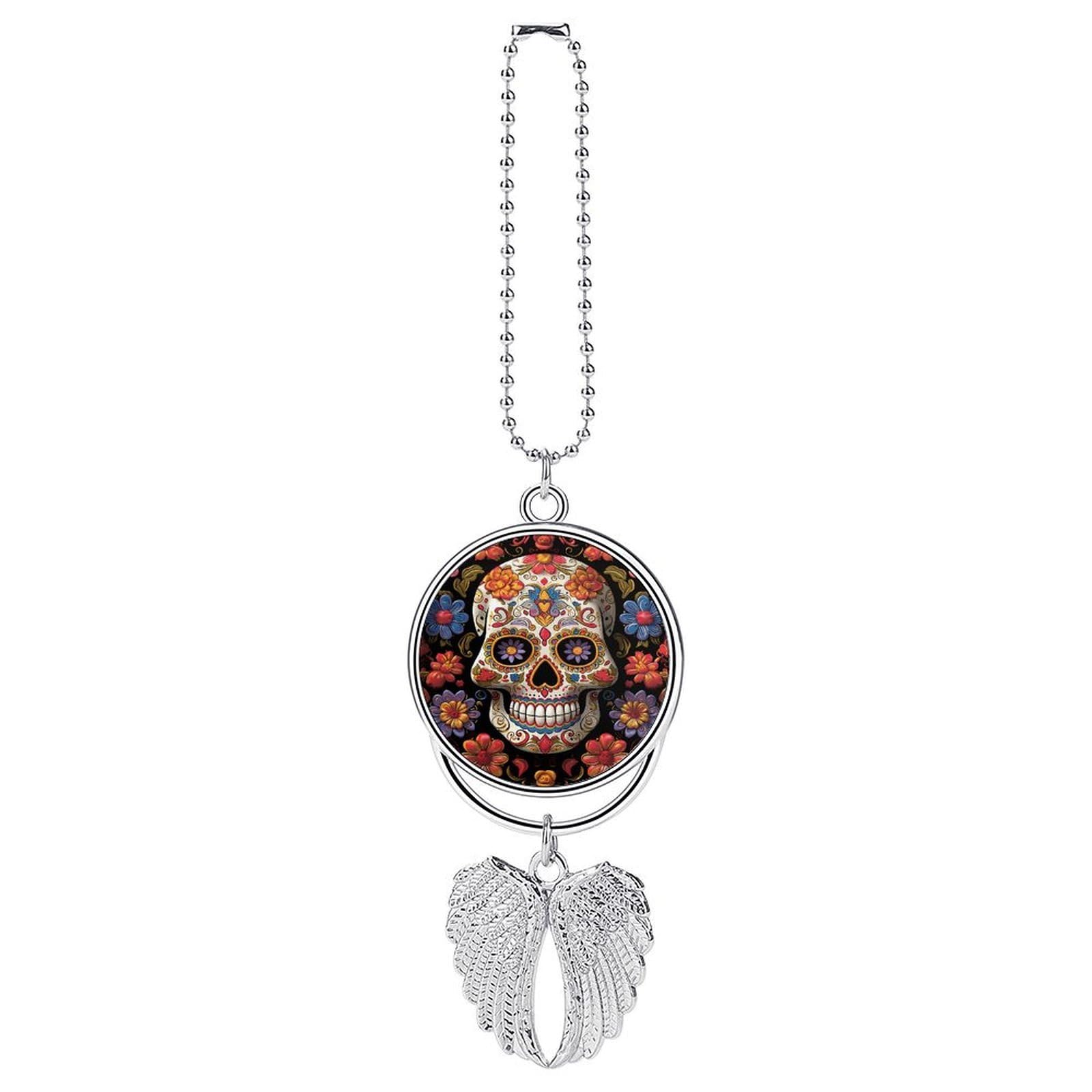 Sugar Skulls Car Pendant Personalized Car Hanging Ornament Auto Rear View Mirror Hanging Decoration Accessories Metal Cars Interior Ornament for Most Cars Truck SUV