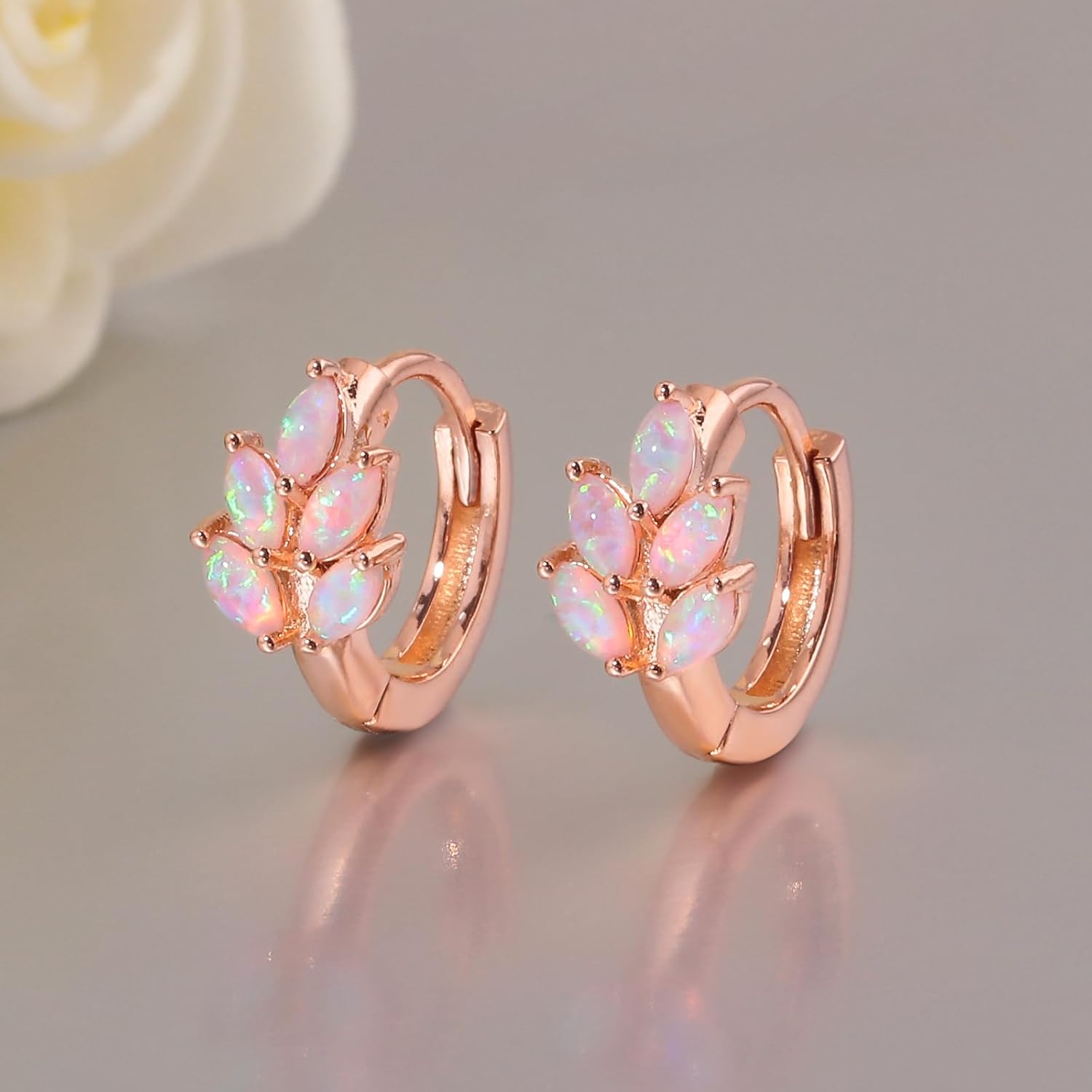 CiNily Leaf Hoop Earrings for Women, Created Fire Opal Small Hoop Earring 14K Rose Gold Plated Cute Huggie Earrings Lightweight Tiny Hoop Earrings Fashion Jewelry Gifts 12mm - Image 6