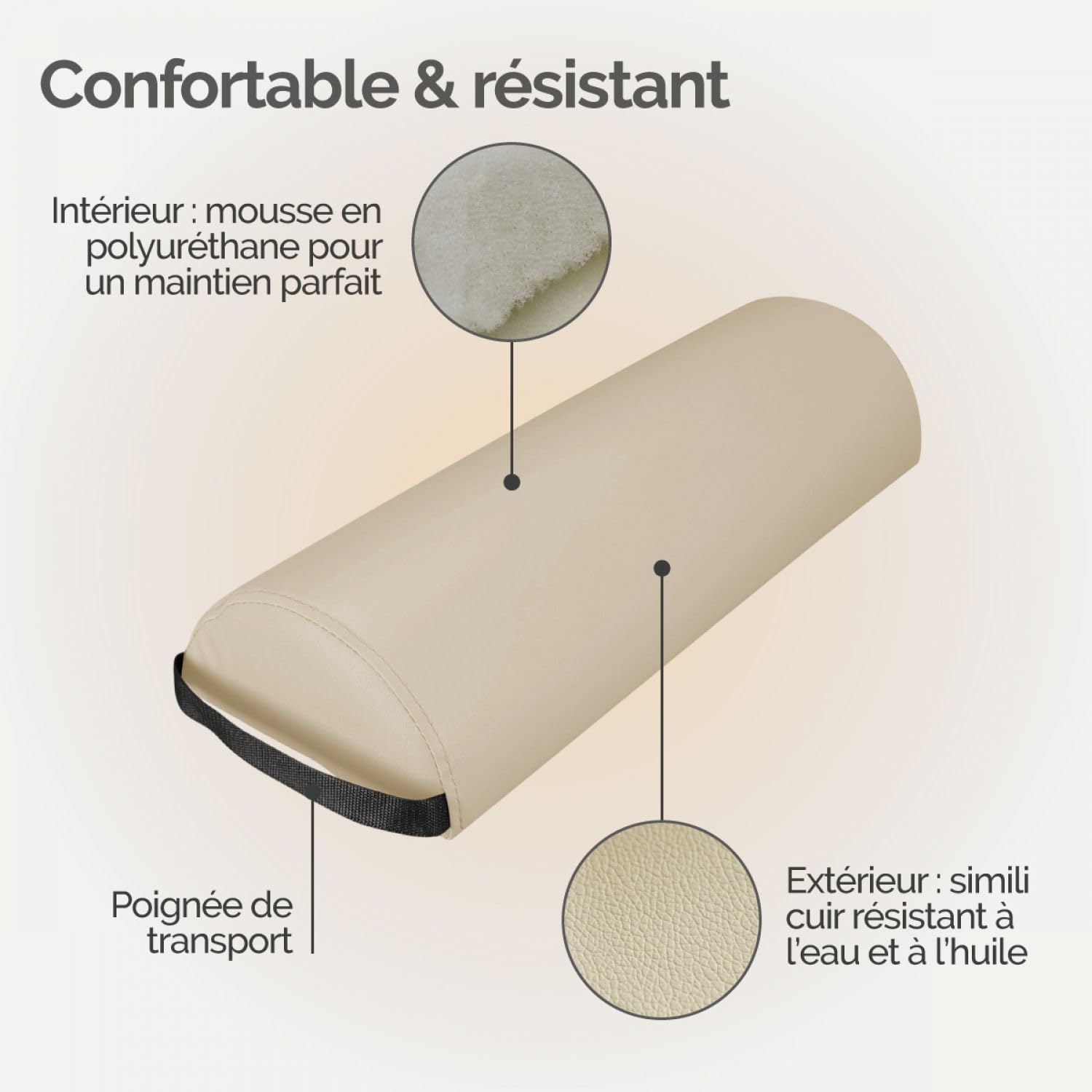 Vivezen - Traversin, coussin demi-rond 66 cm x 22 cm x 12 cm pour table de massage - Plusieurs coloris