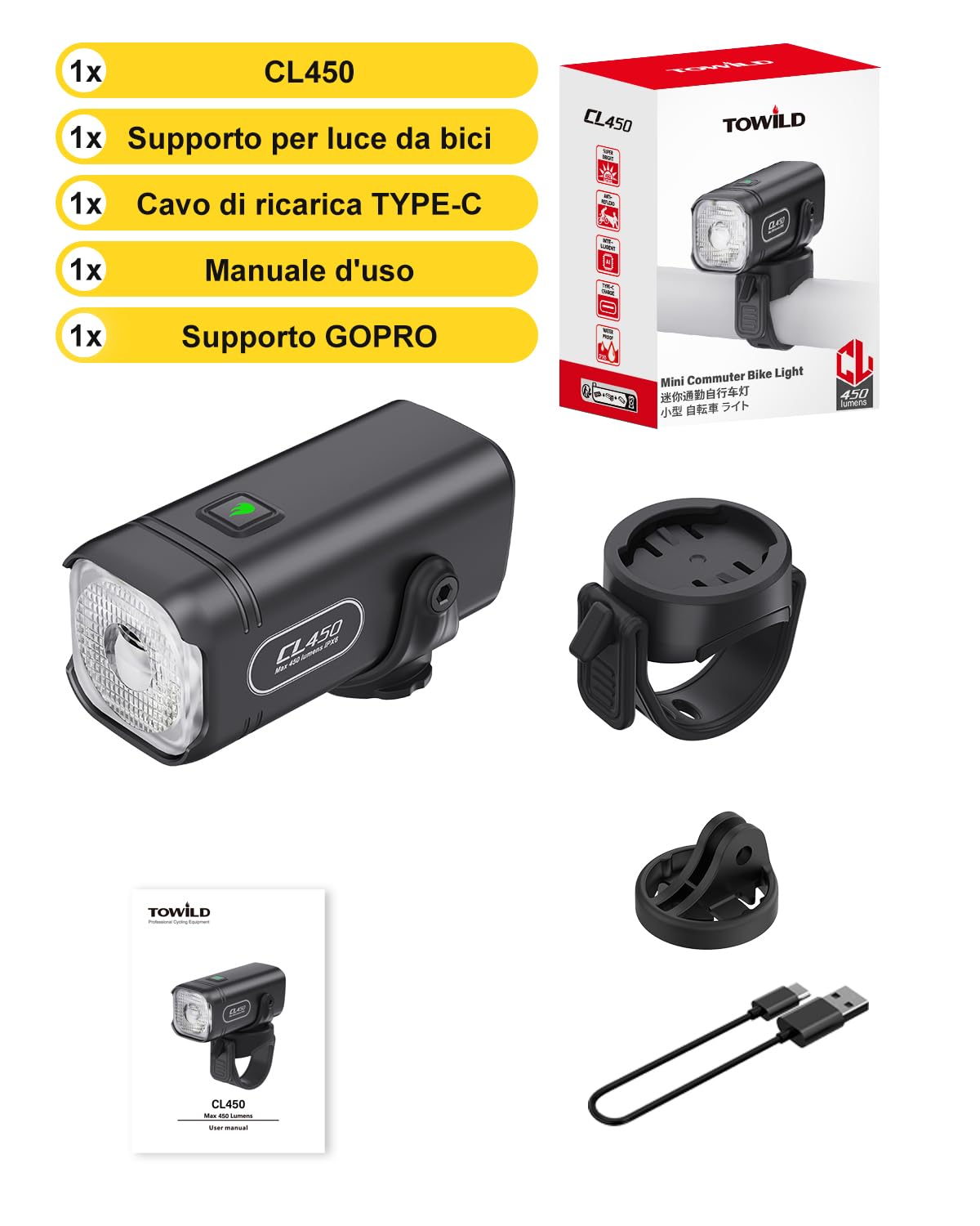 towild CL450 Luci Bici,95g Luce Anteriore Bicicletta da Strada di Dimensioni Compatte,Faro Bici 450 Lumen con 5 modalità di Illuminazione,Carica USB-C Luce Ciclismo IPX6 Fino a 7 Ore di Autonomia