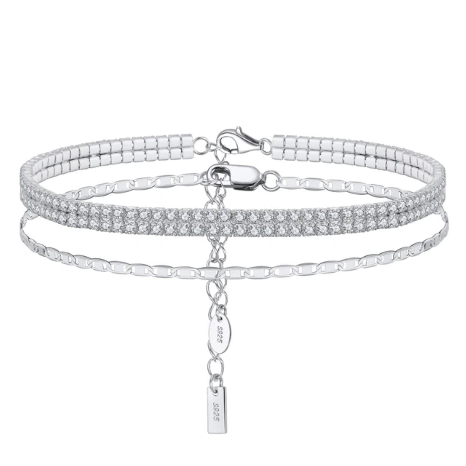 CXYWBD 2 Teile/Satz 925 Silber Layered Perlen Stern Kreuz Kette Fußkettchen Für Frauen Sommer Fuß Tennis Kette Mode Knöchel Schmuck