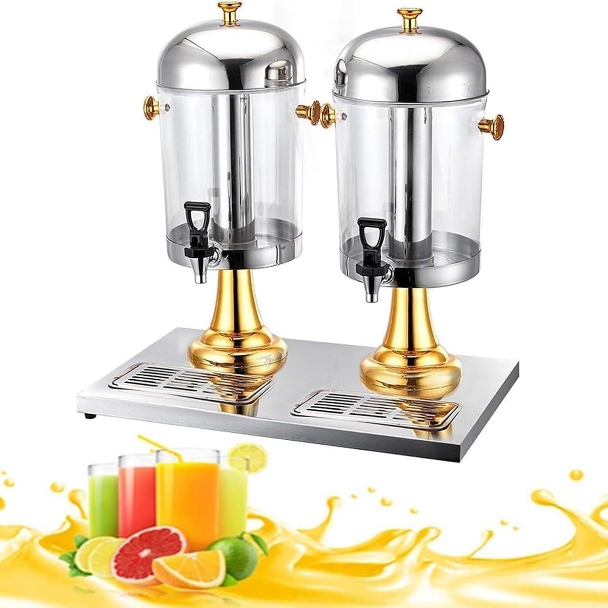 Dispensador de Jugo Comercial, Dispensador de Bebidas Frías y Calientes de Acero Inoxidable con Tubo de Hielo y 2/3 Cabezales, Ideal for Fiestas, Catering, Restaurantes(Gold,16L)