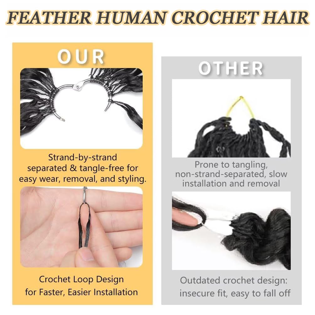 Feather Crochet Burmese Curly Miracle Knots Human Hair Extensions Echthaar Haar Knotless Invisiable Colore Natural Black 50g for Woman 16 Zoll