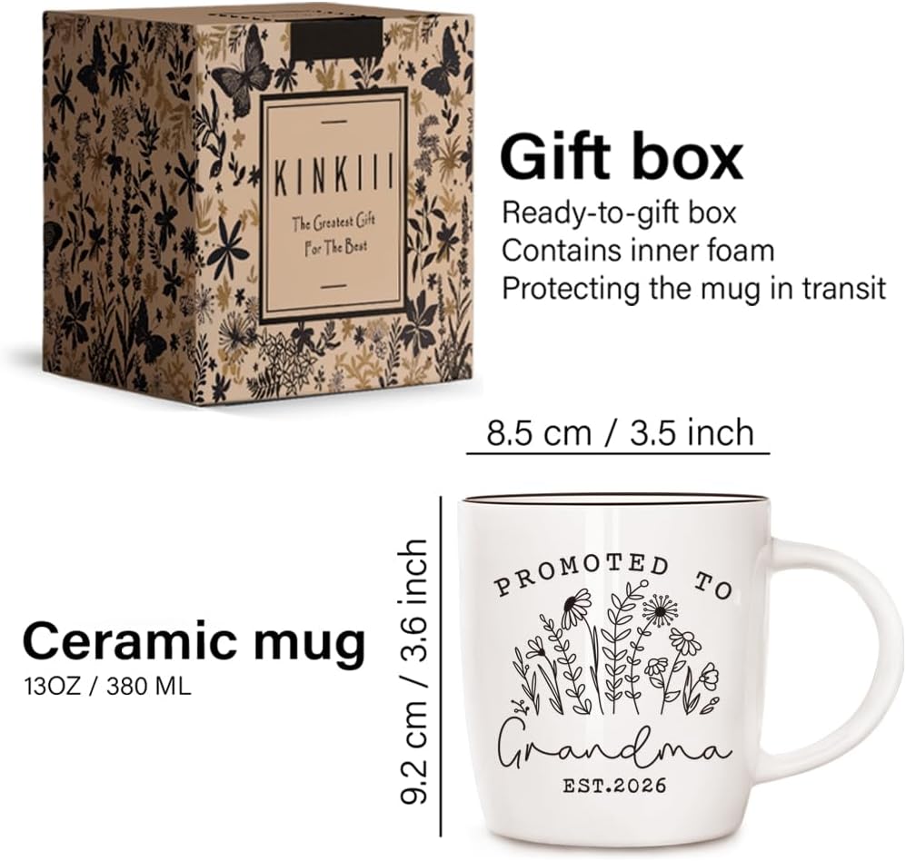 Promoted to Grandma 2026 Coffee Mug Gift, EST 2026 Pregnancy Reveal Announcement Mugs Gifts, Baby Announcement Cup, New Grandparent or Expecting Grandmother Present, Unique First Time Nana Mugs, 13oz