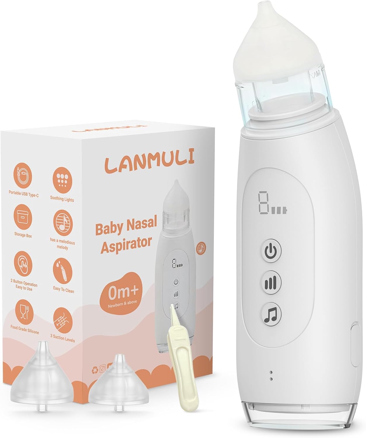 LANMULI Electric Nasal Aspirator for Baby, Automatic Toddler Nose Sucker, Infant Snot Cleaner with Adjustable Suction Level, Music and Light Soothing Function (White)