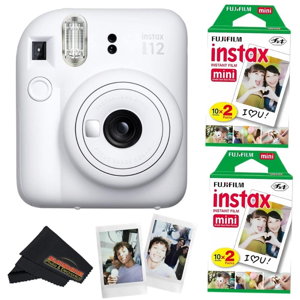 Fujifilm Instax Mini 12 Camera (Clay White) with Fujifilm Instant Mini Film (40 Sheets) Bundle with + Sunshine Photo Microfiber Cleaning Cloth