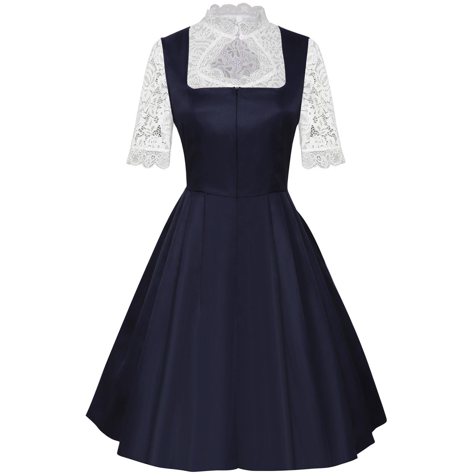 Kleid Dirndl Damen Midi Oktoberfest mit Schürze und Bluse Fernblau geblümt Kleidung Dirndl Midi Trachtenkleid inkl. Trachtenrock Dirndlbluse Dirndlschürze Oktoberfest Trachtenkleid Trachtenmode