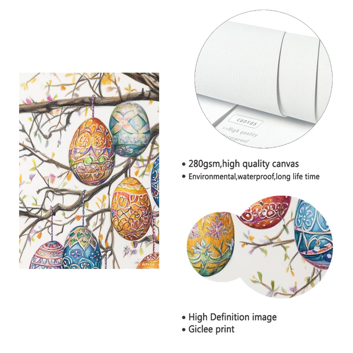 TOANGWALL Estampado rústico de huevo de Pascua con tela de lienzo ramas Estampado sobre lienzo Cuadro floral para decoración moderna de sala de conferencias 60x90cm