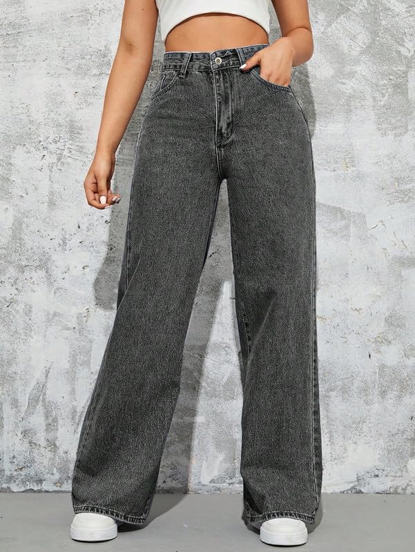 Image of DEELMO Women's High Waist Wide Leg Denim Jeans for Women | Straight Fit Full Length Casual Wear Pants