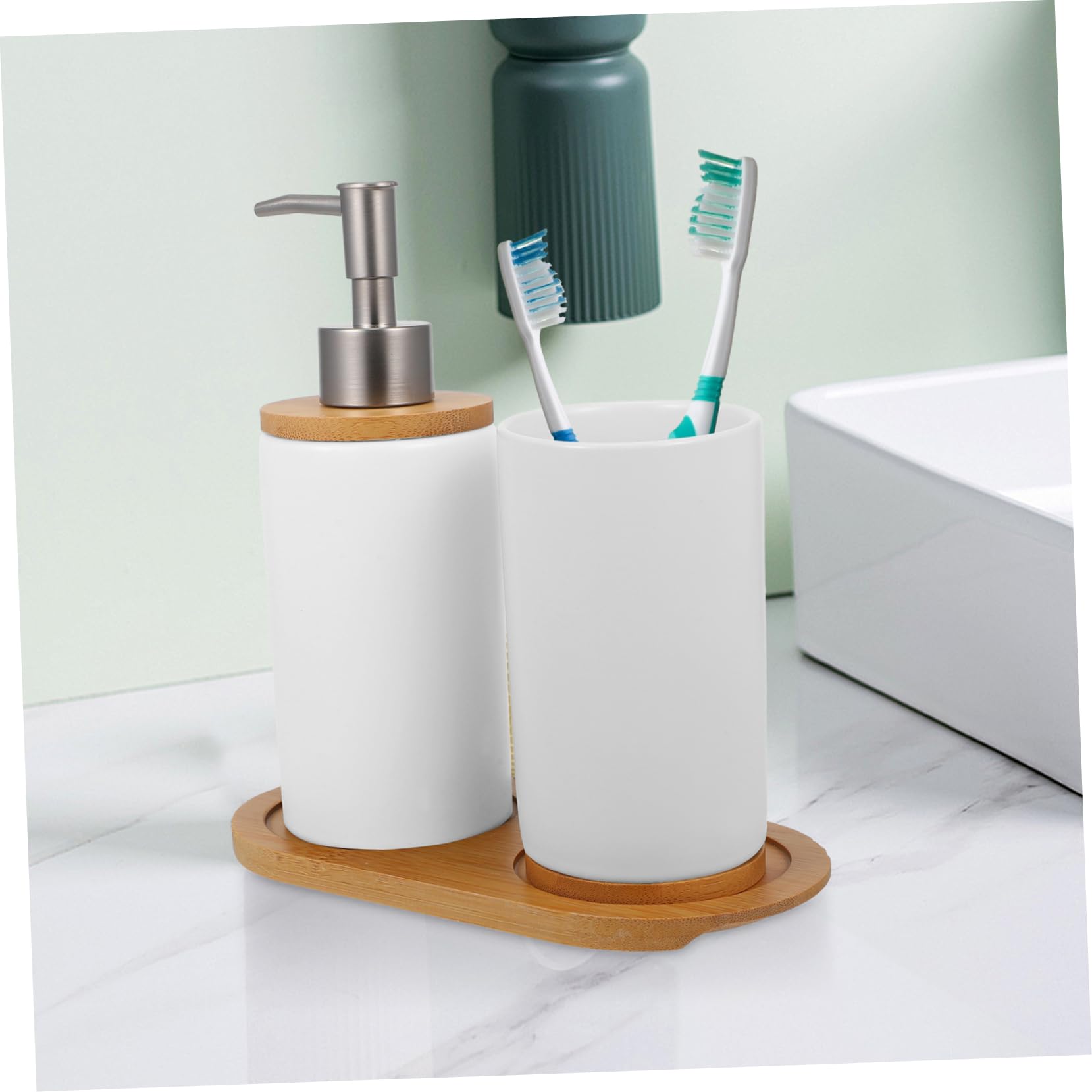 ABOOFAN Juego Accesorios Baño Cerámico Blanco 350ml Vaso Cepillo Dientes 430ml Dispensador Loción Almacenamiento Baño Hogar Base para Uso Diario Intenso