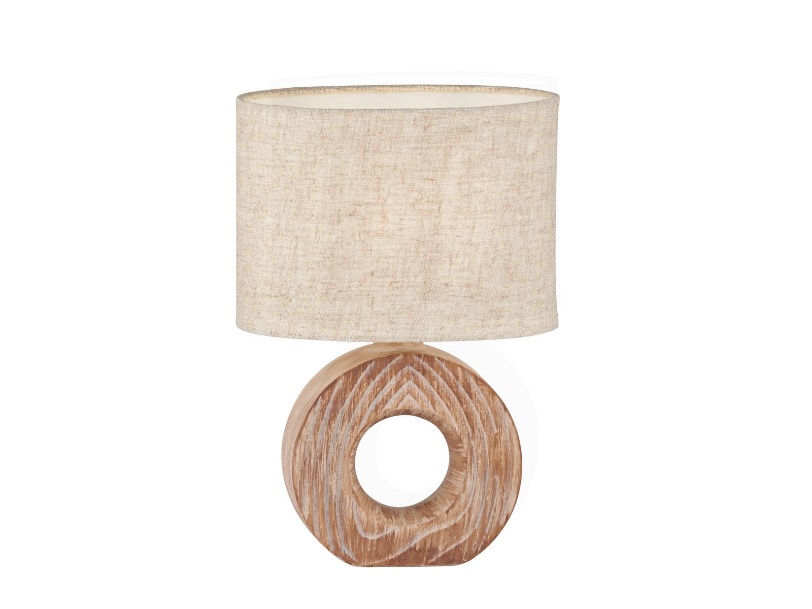 Lampa stołowa z ceramiczną podstawą o wyglądzie drewna i lnianym kloszem beżowym, wysokość 31 cm