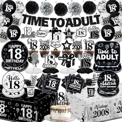 18th Birthday Decorations for Boys Girls Time To Adult 18 Years Old Banner Black White 18th Birthday Plates Napkins Tablecloth Straight Outta 2008 Cake Topper for 18th Birthday Party Supplies,Serve 26