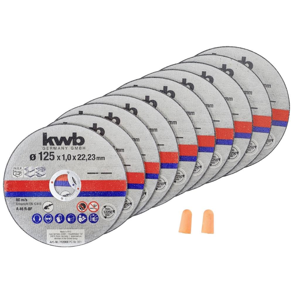kwb Tarcze tnące cienkie szlifierki kątowe 125 mm – 10-częściowy zestaw do stali nierdzewnej INOX – bardzo cienkie tarcze do cięcia w puszce do przechowywania