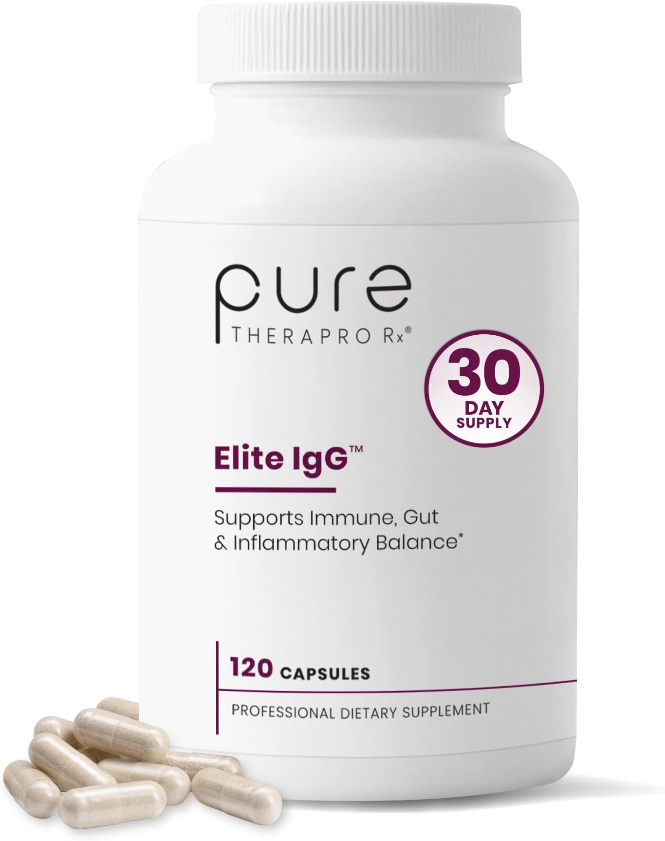 Pure Therapro Rx Elite IgG Immunoglobulin Supplement, 120 Caps - Gut Health & Immune Support, 1100 mg IgG, IGA & IgM, Sunflower Lecithin | Dairy & Gluten Free Colostrum Supplement Alternative