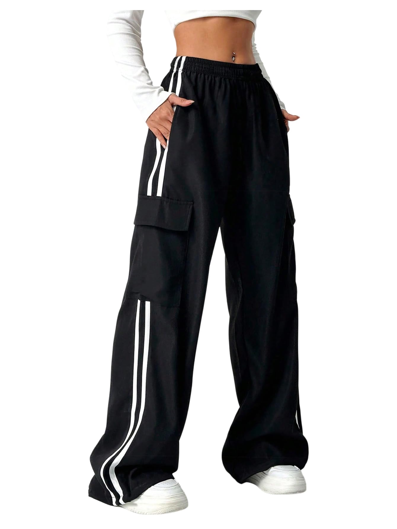 SHENHE Girl's Cargo Pants Wide Leg Side Stripe Baggy Track Pants Workout Athletic Trousers