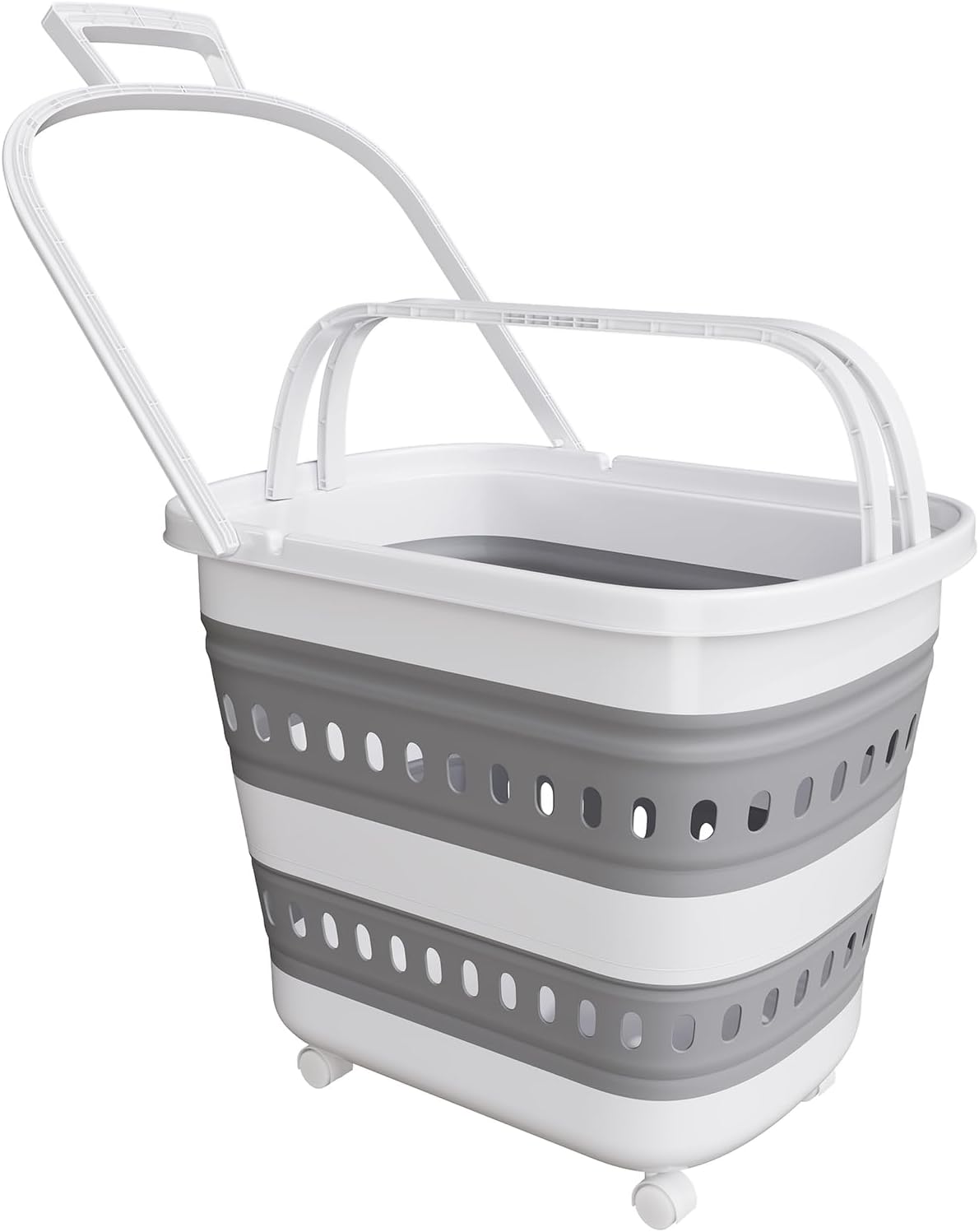 TECHMILLY Collapsible Plastic Laundry Basket Hamper with Wheels, 45L Portable Rubber Clothes Basket, Pop Up Storage Container/Organizer with Hanging Basket for Washing & Storage, Grey Gray 45L