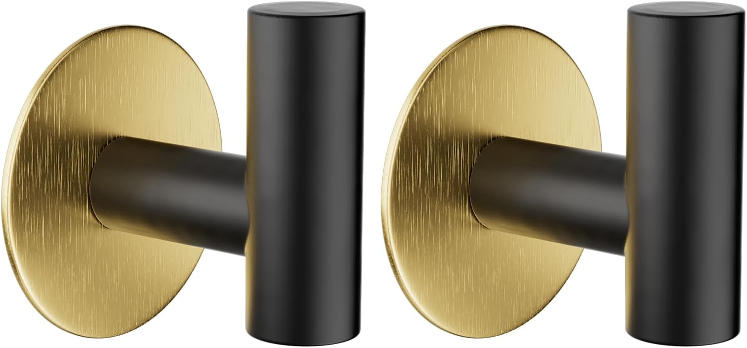 YUET 2 Pcs Bathroom Towel Hook Adhesive,Stick on Metal Coat Hooks Robe Hook SUS 304 Stainless Steel Heavy Duty Door Hanger Towel Robe Clothes Closet Sponges Holder for Bathroom Hotel (Black&Gold)