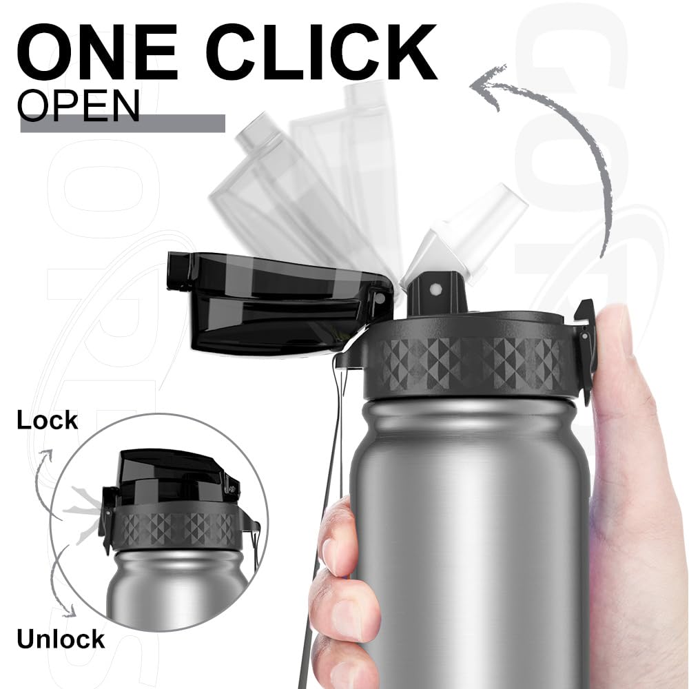 GOPPUS 600ml/20oz Stainless Water Bottle with Straw Double Wall Insulated Bottles with Strap One Hand Open Vacuum Thermal Flask Leakproof Keep Cold Bottles with Flip Top Lid BPA Free (Steel) - Image 2