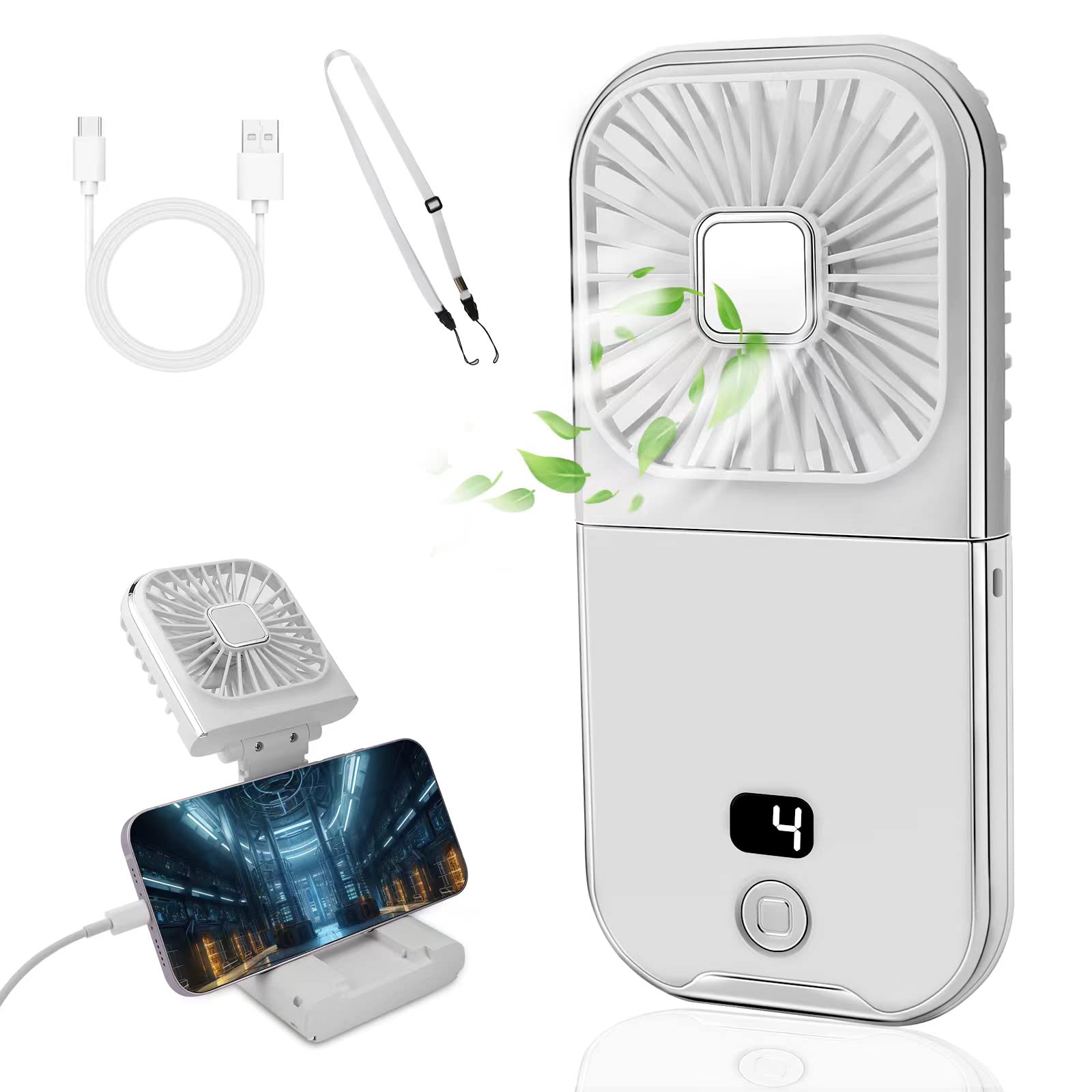 Ventilador Portatil, Mini Ventilador de Mano USB con Función de Energia Movil, 4 Velocidades Ajustables, 3000mAh Recargable, Plegable Ventilador Pequeño para Hogar Oficina Viajes Camping (Blanco)