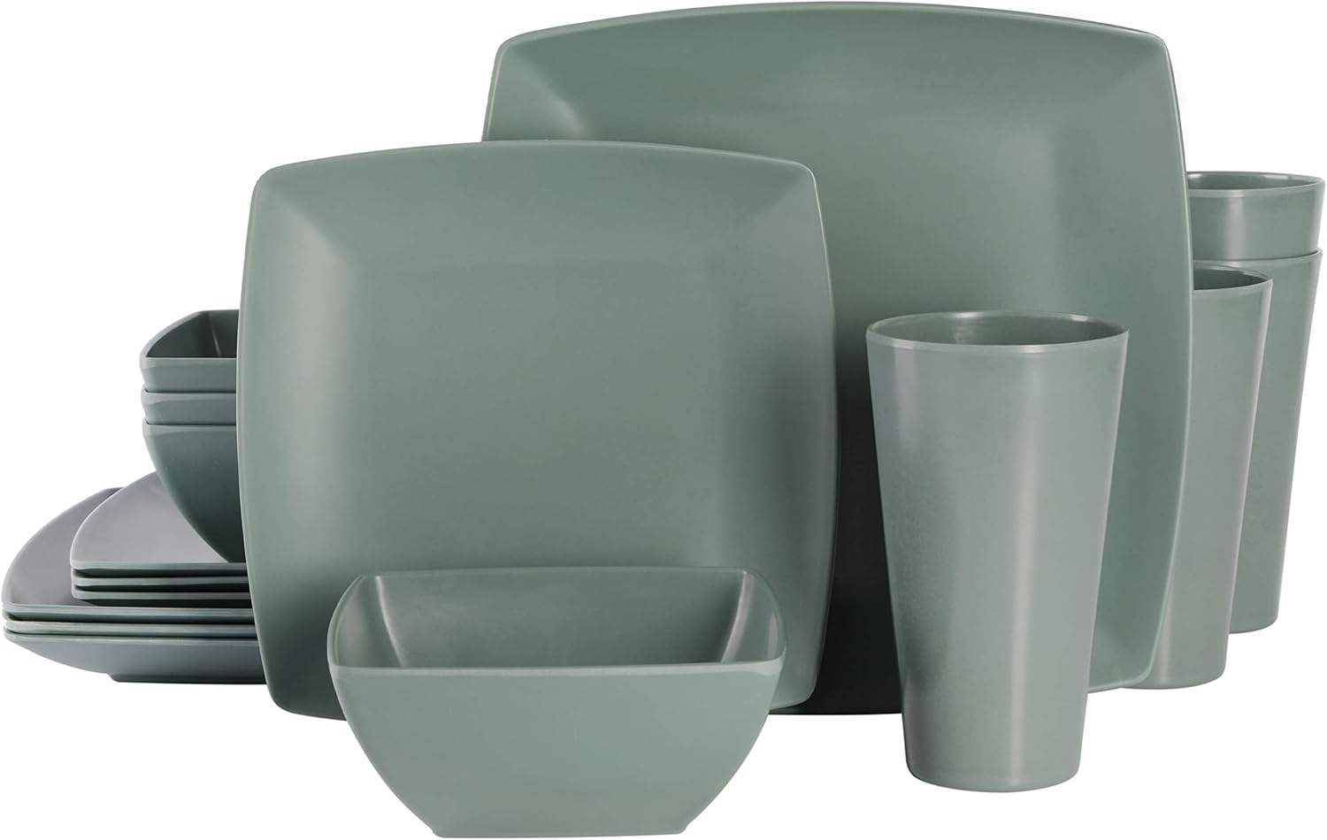 Gibson Home Soho Grayson Square Melamine Plastic Dinnerware Set, Service for Four (16pcs), Green