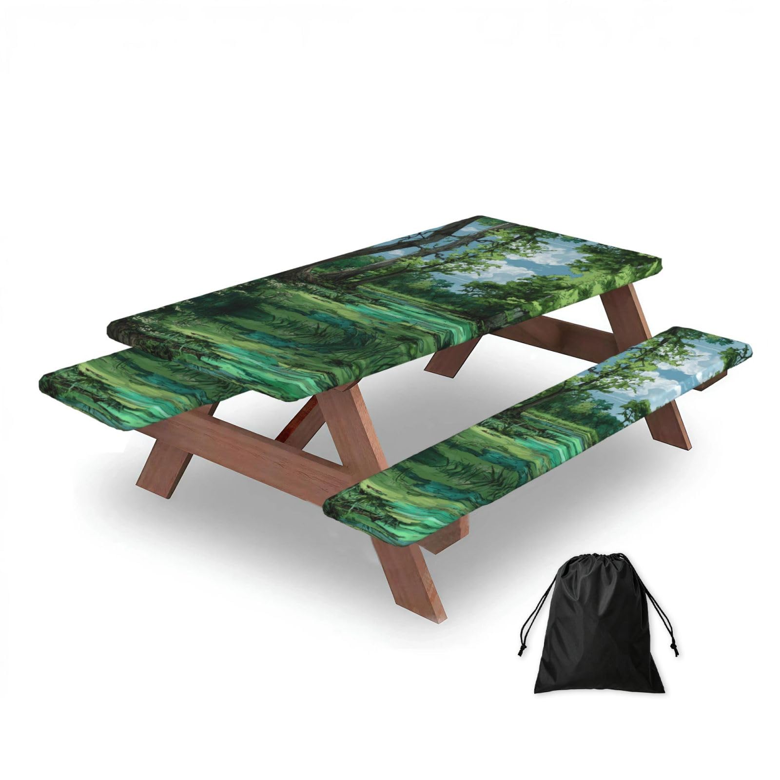ESNAIUVCD Swamp Scenery Print Picnic Table Cover With Bench Covers,Camping Essentials,Fitted Tablecloth Cover With Elastic Edge, For Indoor & Outdoor 3 Pcs