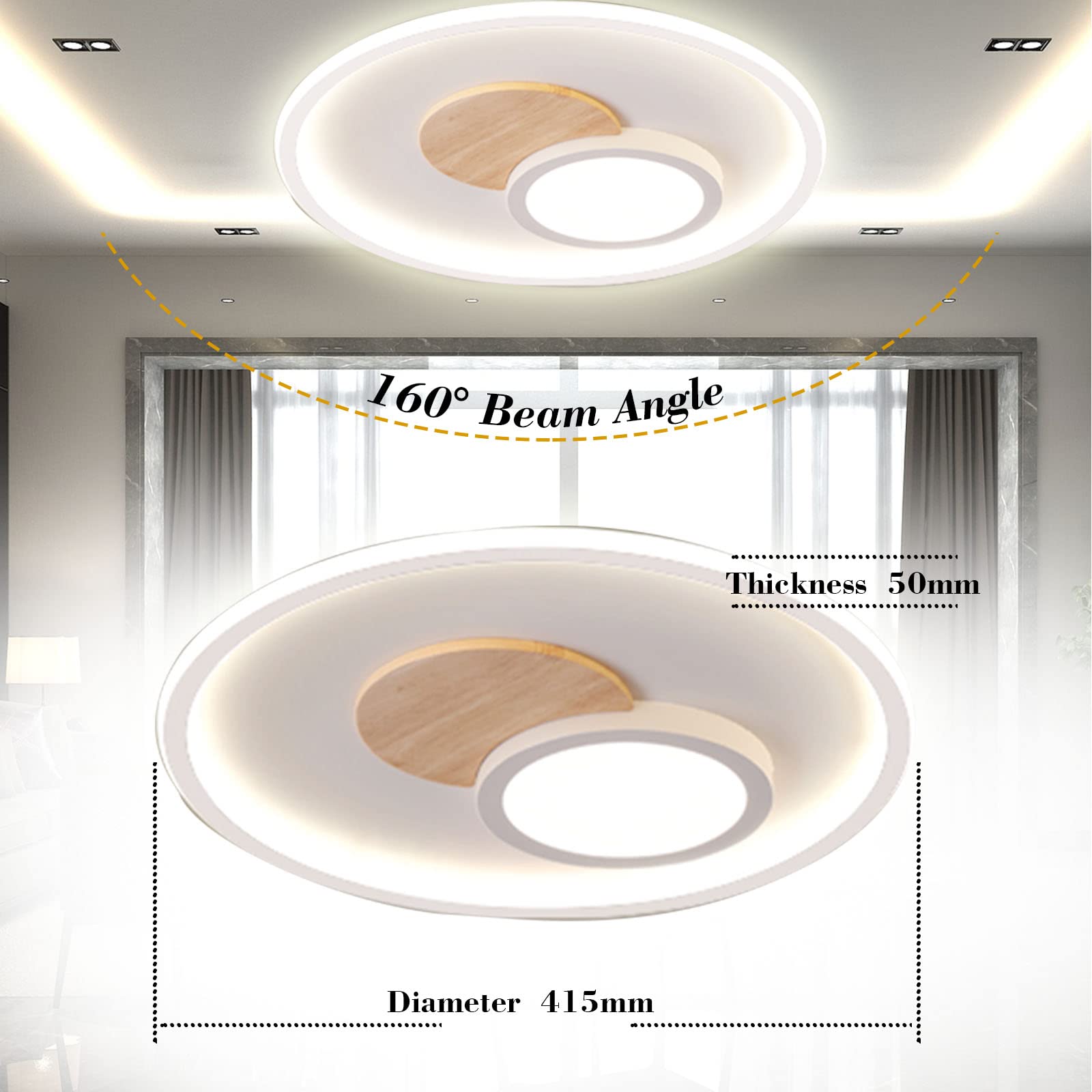 LED Deckenleuchte, Deckenlampe mit Holz, Deckenlampen Dimmbar mit Fernbedienung, Moderne Runde Holz Deckenlampe für Schlafzimmer Kinderzimmer Wohnzimmer Küche