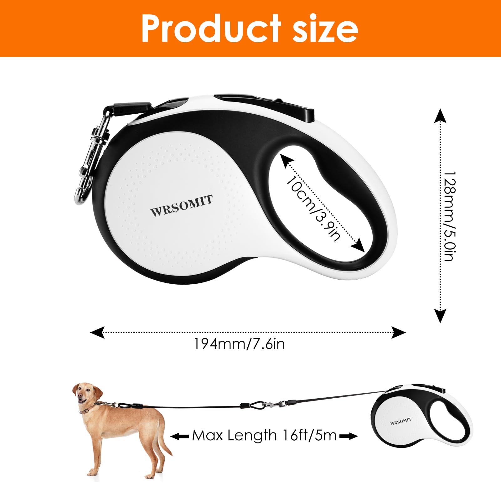 Correa retráctil para perros con cable resistente a mordeduras y linterna led, 5 m, para perros medianos y grandes hasta 50 kg, giro 360° sin enredos, alta resistencia, blanco
