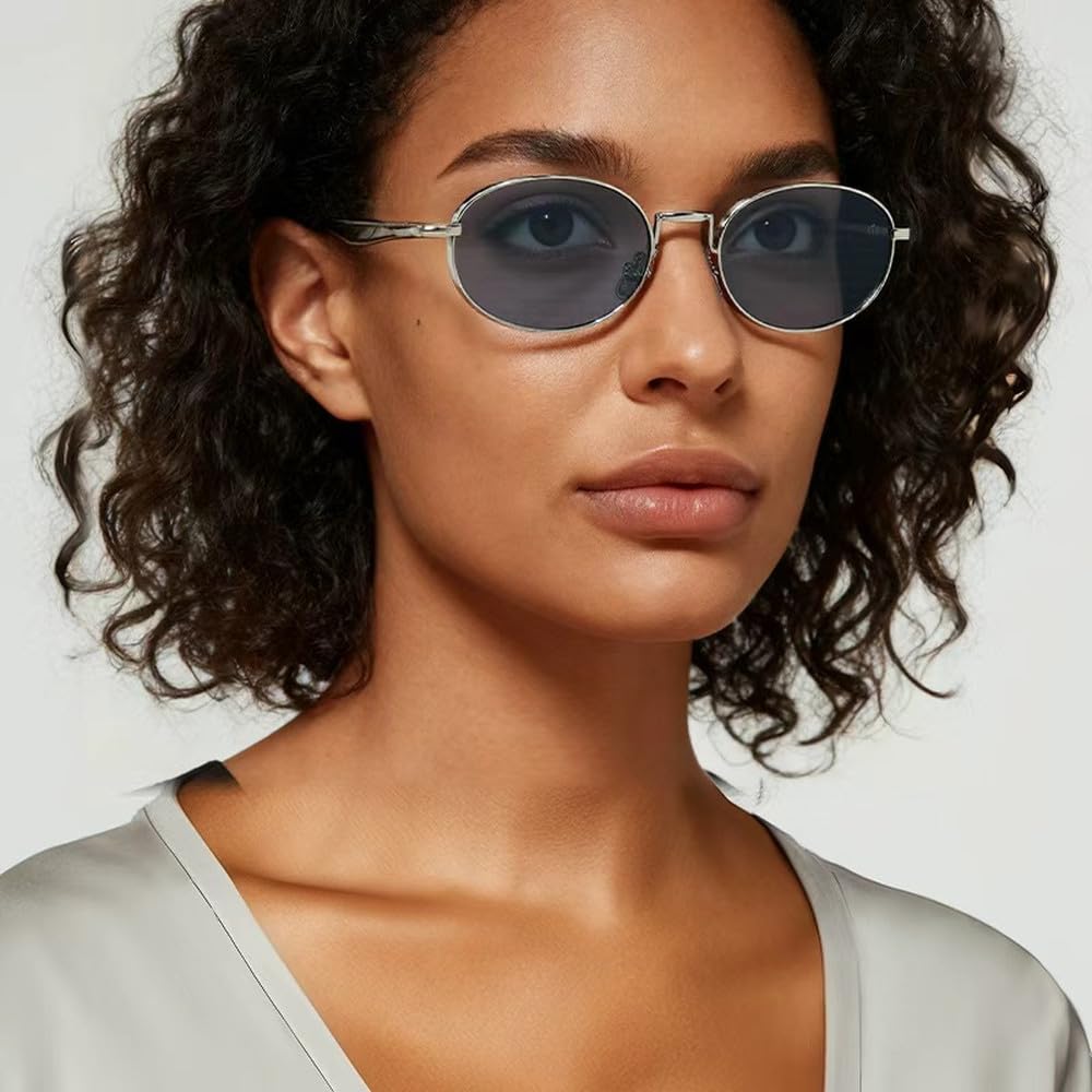 Occhiali da sole retrò da donna, lenti ovali piccole in metallo, protezione UV, occhiali da sole da uomo Y2K