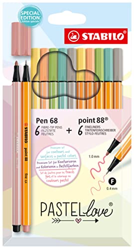 STABILO Pen Set Pastelove Set - Pack of 12 - point 88 & Pen 68 - Fineliners & Fiber-Tip Pens - Assorted Colors