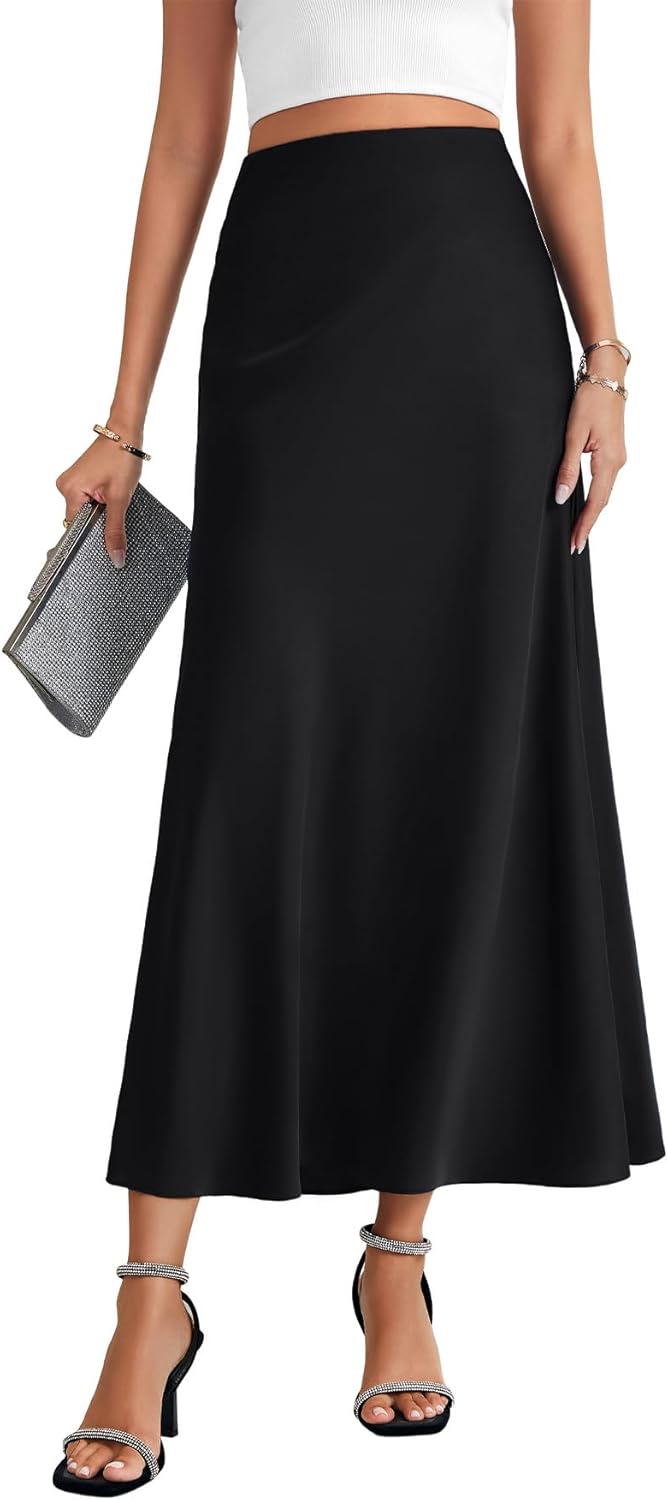 Rooscier Women's Satin High Elastic Waist Bodycon A Line Ruffle Side Zipper Elegant Maxi Skirt - Image 2