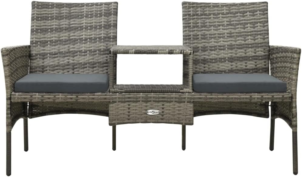 Modern Sofa,Outdoor Couch,for Porch, Garden,Backyard, Patio, Balcony,Lawn, Poolside,2-Seater Patio Sofa with Tea Table & Stools Poly Rattan Gray