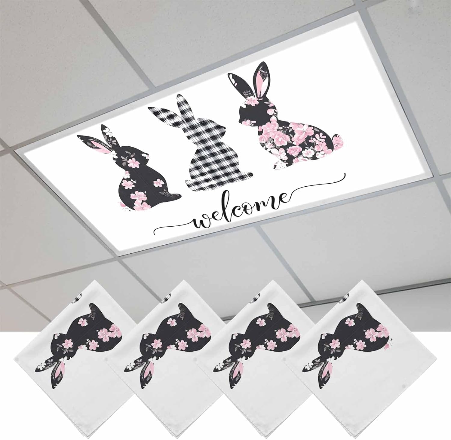 2x4 ft Fluorescent Light Cover for Ceiling Spring Easter Cute Rabbit on White Magnetic Light Filters, Pink Flower Black Plaid Ceiling Lampshades for Home School Office 4Pcs